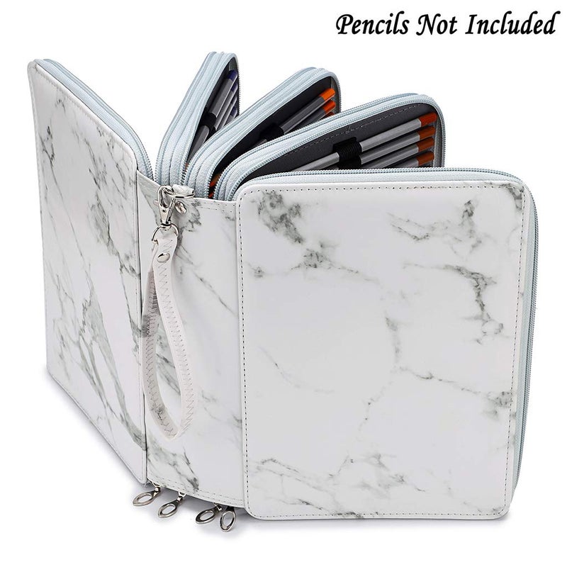 BTSKY 200 Slots Colored Pencil Organizer - Deluxe PU Leather Pencil Case Holder With Removal Handle Strap Pencil Box Large for Colored Pencils Watercolor Pencils White Marble - Image 3